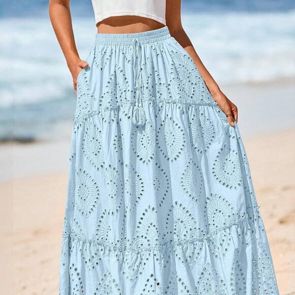 Light Blue Boho Women's Elastic High Waist Tiered A-Line Flowy Maxi Skirt - Picture 1 of 5